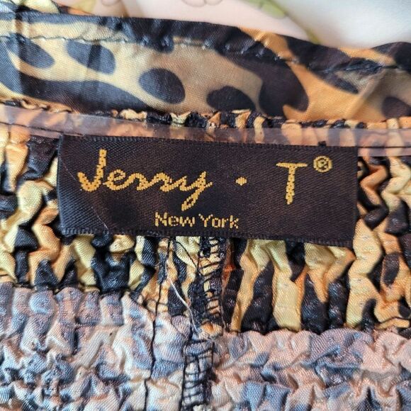 Jerry T Crinkle Stretch Handkerchief Midi Dress 2X Gold Black Leopard Witchy - Picture 3 of 13